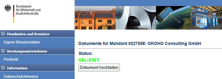 Screenshot BAFA-Portal: OKOHO Consulting GmbH – Status Genehmigt