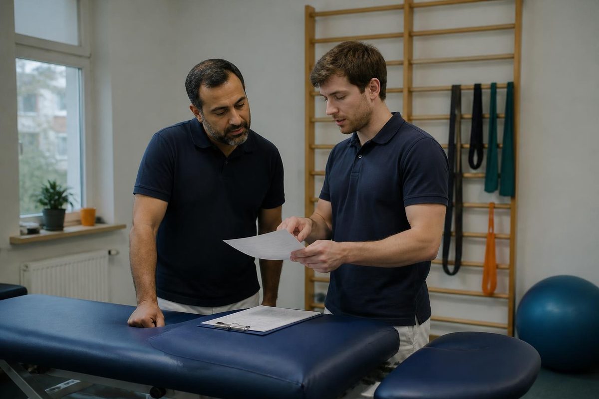 Zwei Physiotherapeuten gehen im Behandlungsraum eine Verordnung durch